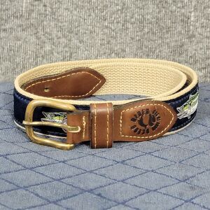 Carey Chen Ocean Rider Belt  Mens 30 Blue Brown Leather & Canvas Fish USA Made